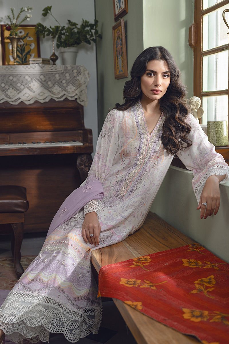 Pakistani Lilac Ivory Embroidered Lawn Salwar Kameez (3-Piece) - Image 4