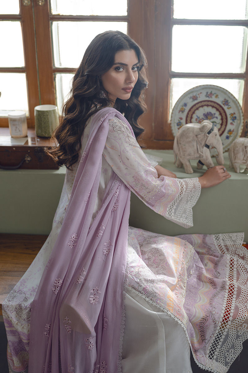 Pakistani Lilac Ivory Embroidered Lawn Salwar Kameez (3-Piece) - Image 5