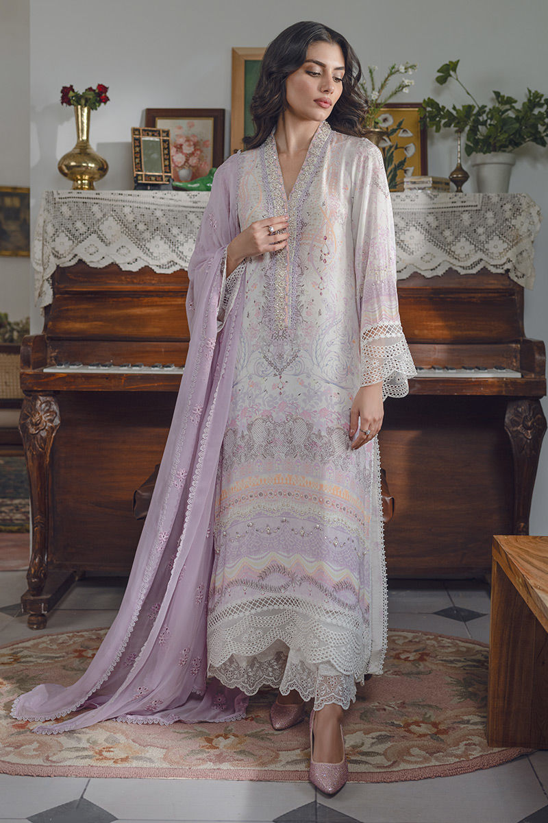Pakistani Lilac Ivory Embroidered Lawn Salwar Kameez (3-Piece) - Image 6