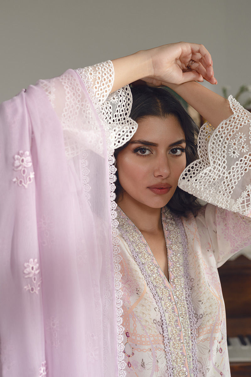 Pakistani Lilac Ivory Embroidered Lawn Salwar Kameez (3-Piece) - Image 7
