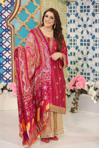 Magenta Embroidered Kameez with Gold Trousers (3-Piece) - Image 2