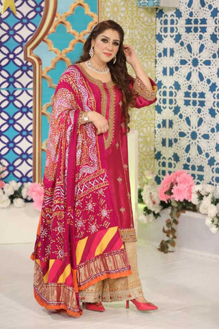 Magenta Embroidered Kameez with Gold Trousers (3-Piece) - Image 3