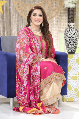 Magenta Embroidered Kameez with Gold Trousers (3-Piece) - Image 4