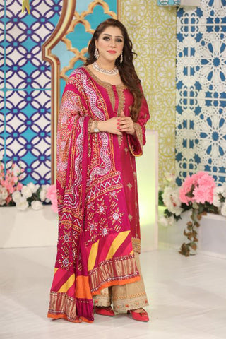 Magenta Embroidered Kameez with Gold Trousers (3-Piece) - Image 5