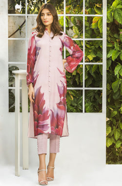 Rose Pink Floral Georgette Chiffon Midi Tunic (2-Piece) - Image 1