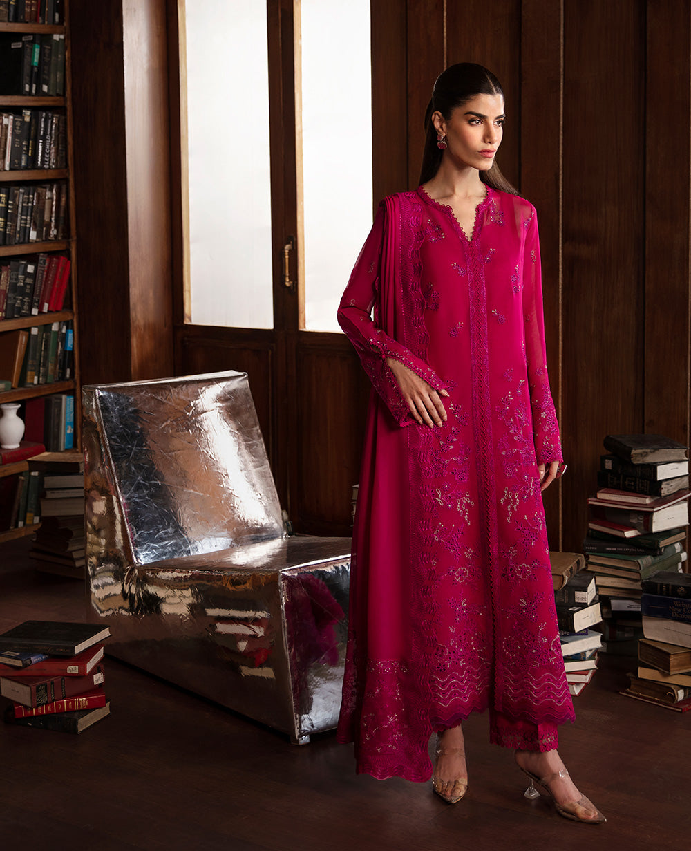 Fuchsia Embroidered Georgette Chiffon Kurta Set (3-Piece) - Image 3