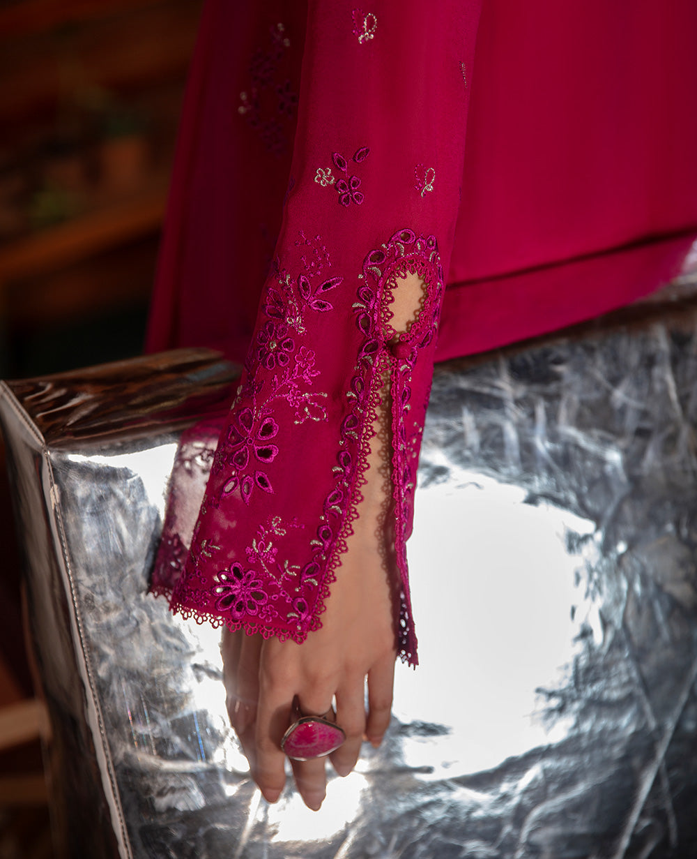 Fuchsia Embroidered Georgette Chiffon Kurta Set (3-Piece) - Image 6