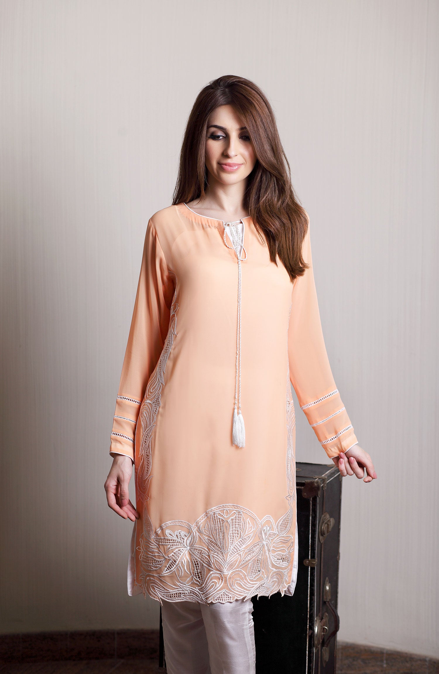 Pakistani Peach Resham Embroidered Georgette Chiffon Salwar Kameez (2-Piece) - Image 2