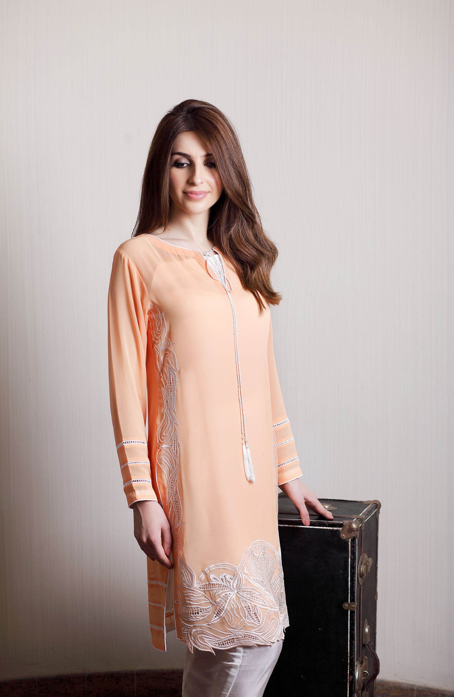 Pakistani Peach Resham Embroidered Georgette Chiffon Salwar Kameez (2-Piece) - Image 3