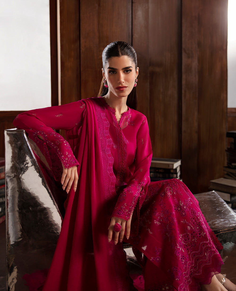 Fuchsia Embroidered Georgette Chiffon Salwar Kameez (3-Piece) - Image 2
