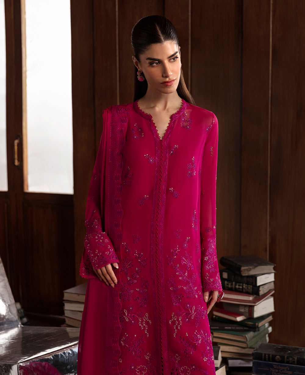 Fuchsia Embroidered Georgette Chiffon Salwar Kameez (3-Piece) - Image 4
