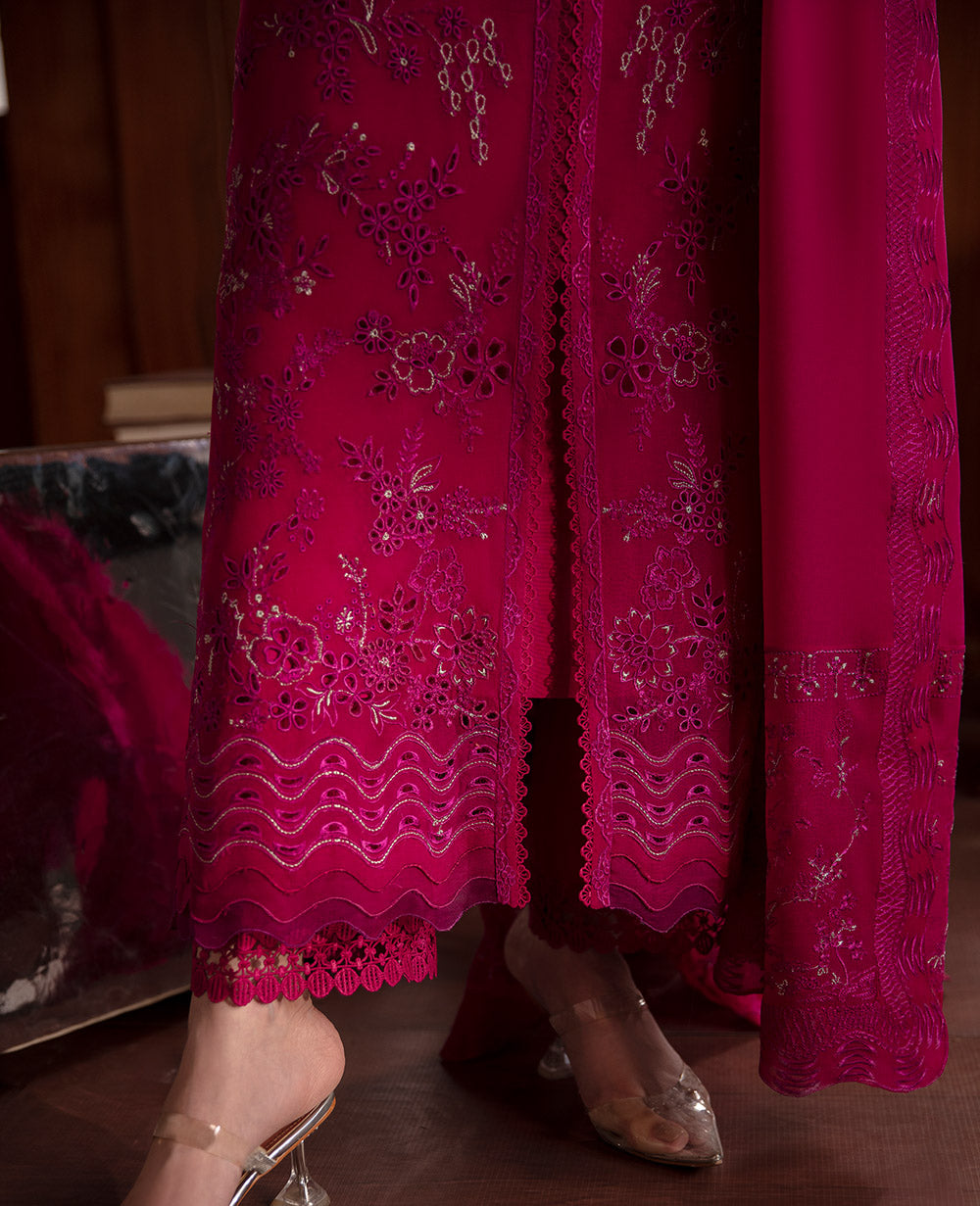 Fuchsia Embroidered Georgette Chiffon Salwar Kameez (3-Piece) - Image 5
