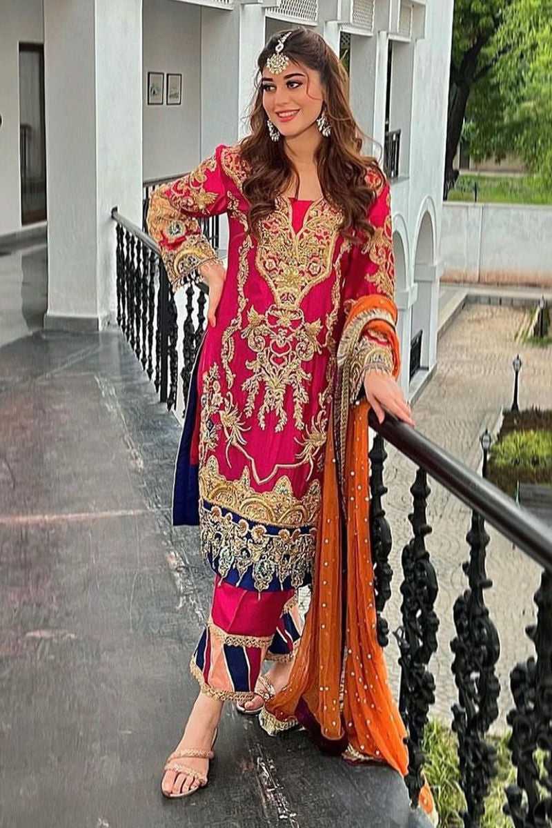 Pakistani Magenta and Navy Embroidered Georgette Salwar Kameez (3-Piece) - Image 1