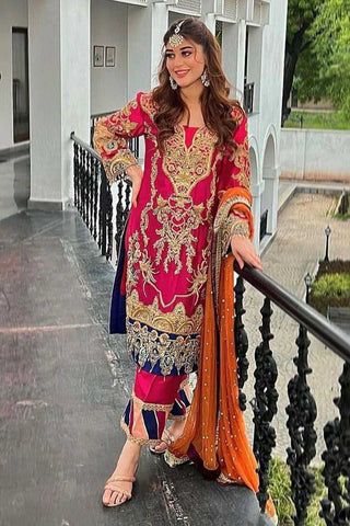 Pakistani Magenta and Navy Embroidered Georgette Salwar Kameez (3-Piece) - Image 2