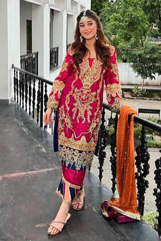 Pakistani Magenta and Navy Embroidered Georgette Salwar Kameez (3-Piece) - Image 3