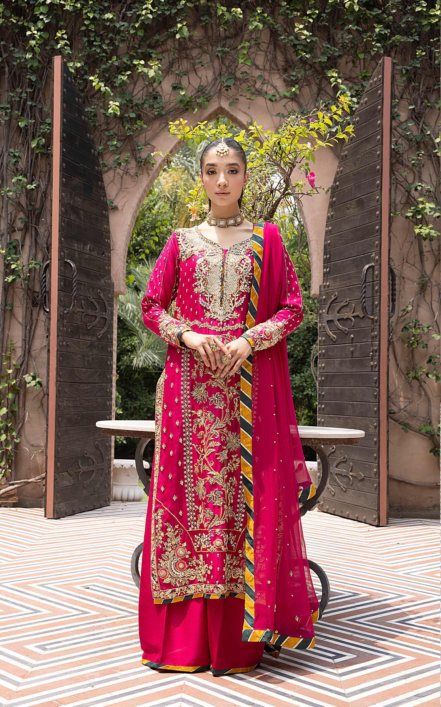 Pakistani Fuchsia Embroidered Georgette Salwar Kameez (3-Piece) - Image 1