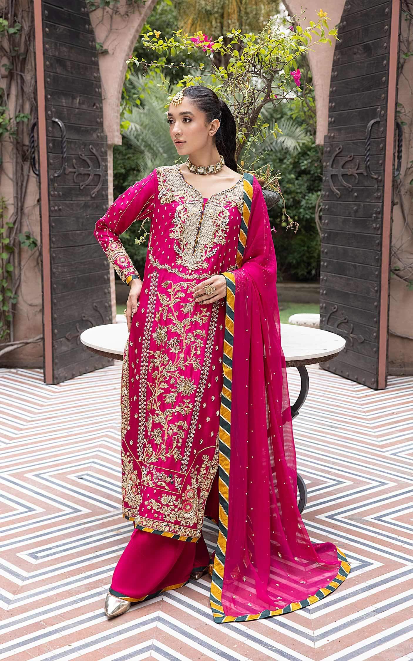 Pakistani Fuchsia Embroidered Georgette Salwar Kameez (3-Piece) - Image 2