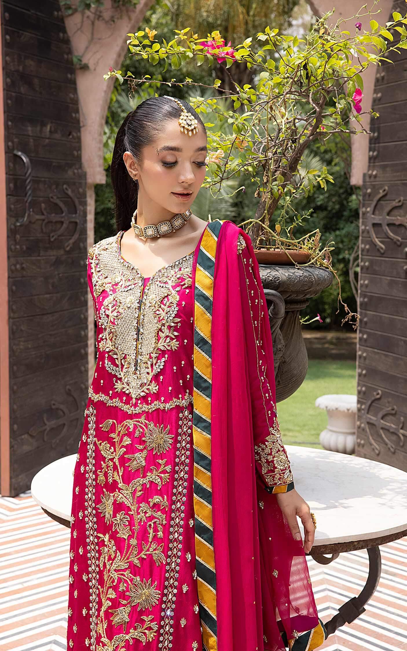 Pakistani Fuchsia Embroidered Georgette Salwar Kameez (3-Piece) - Image 3