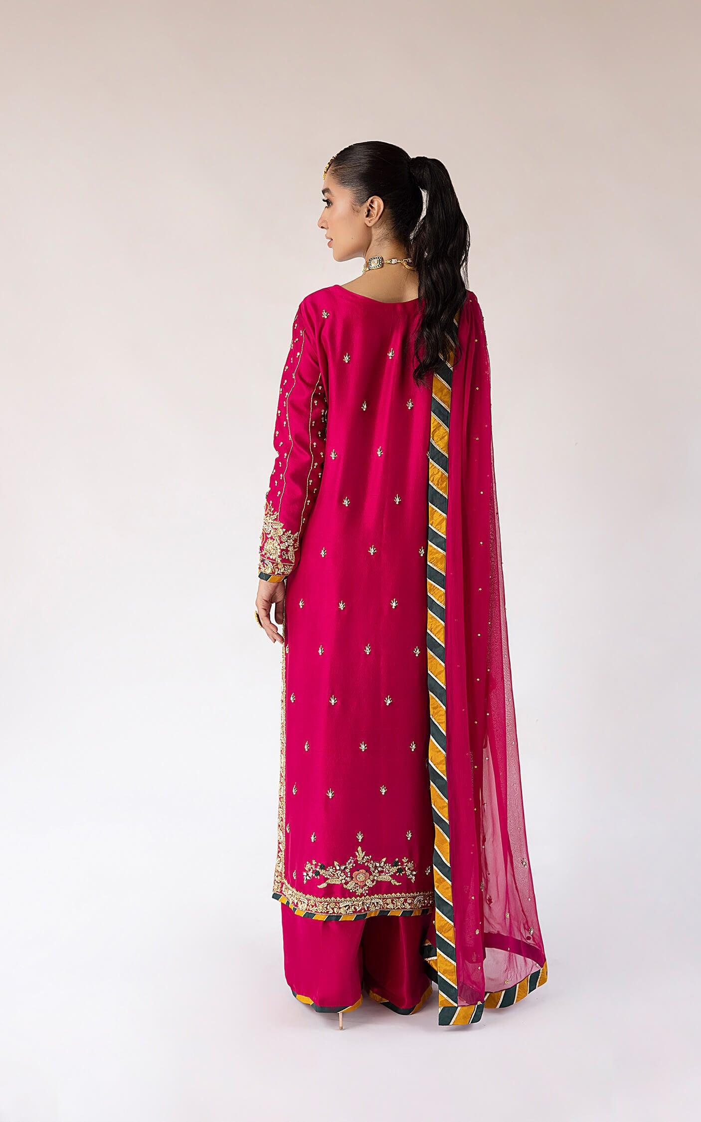 Pakistani Fuchsia Embroidered Georgette Salwar Kameez (3-Piece) - Image 6