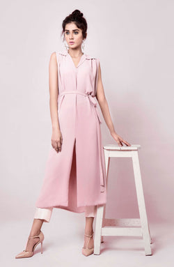 Calamine Pink Georgette Chiffon Tunic with Raw Silk Pants (2-Piece) - Image 1