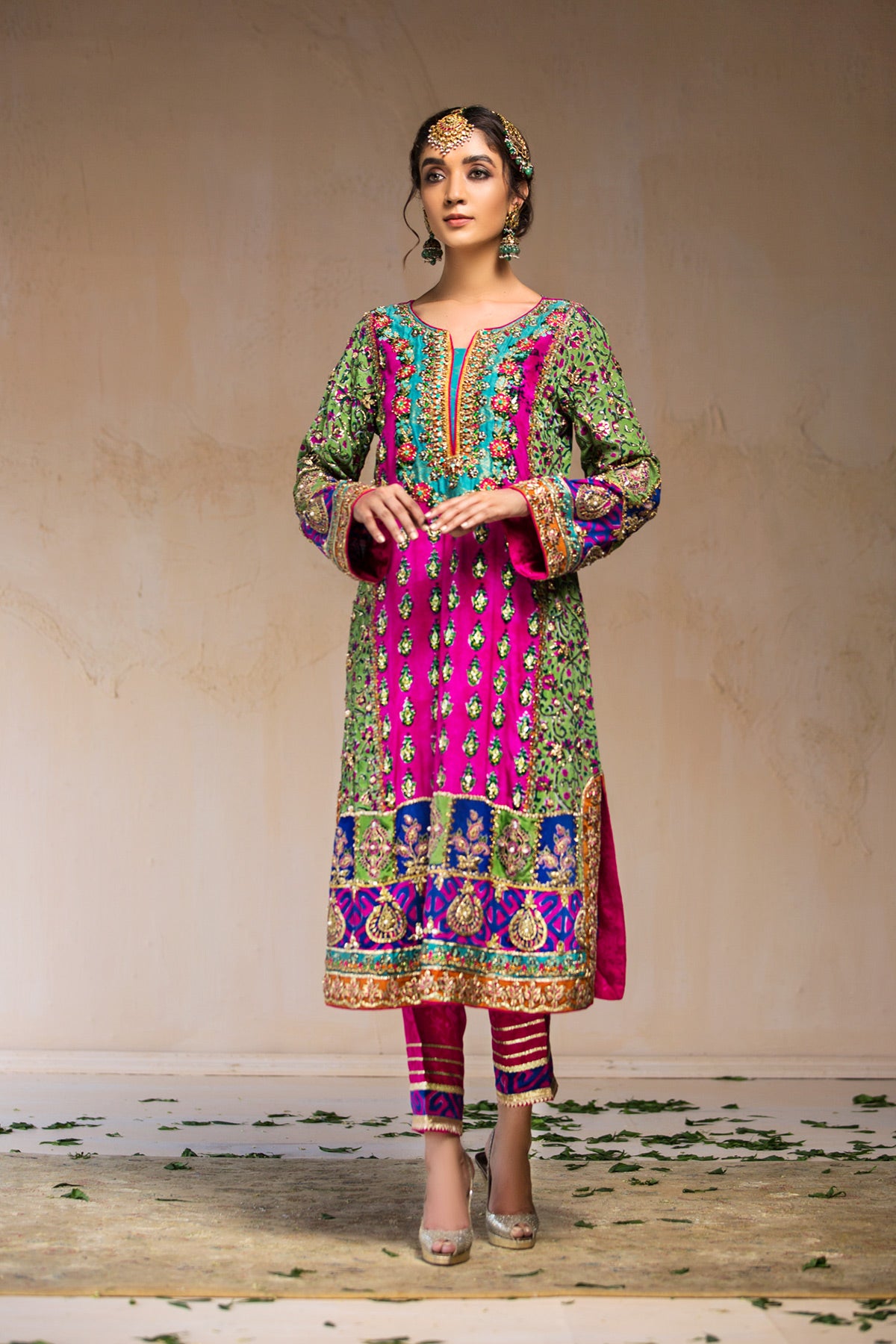 Pakistani Pink & Green Block Print Grip Shirt (2-Piece) - Image 1