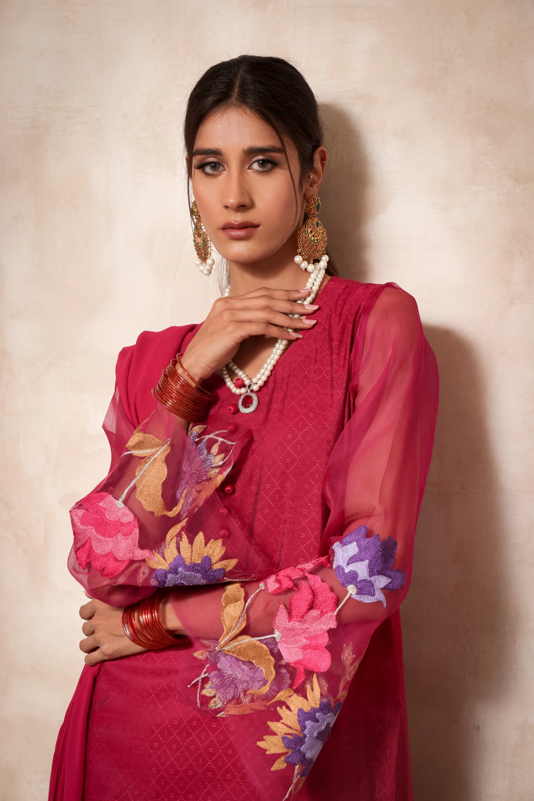 Pakistani Hot Pink Embroidered Jacquard Cotton 3-Piece Dress - Image 1