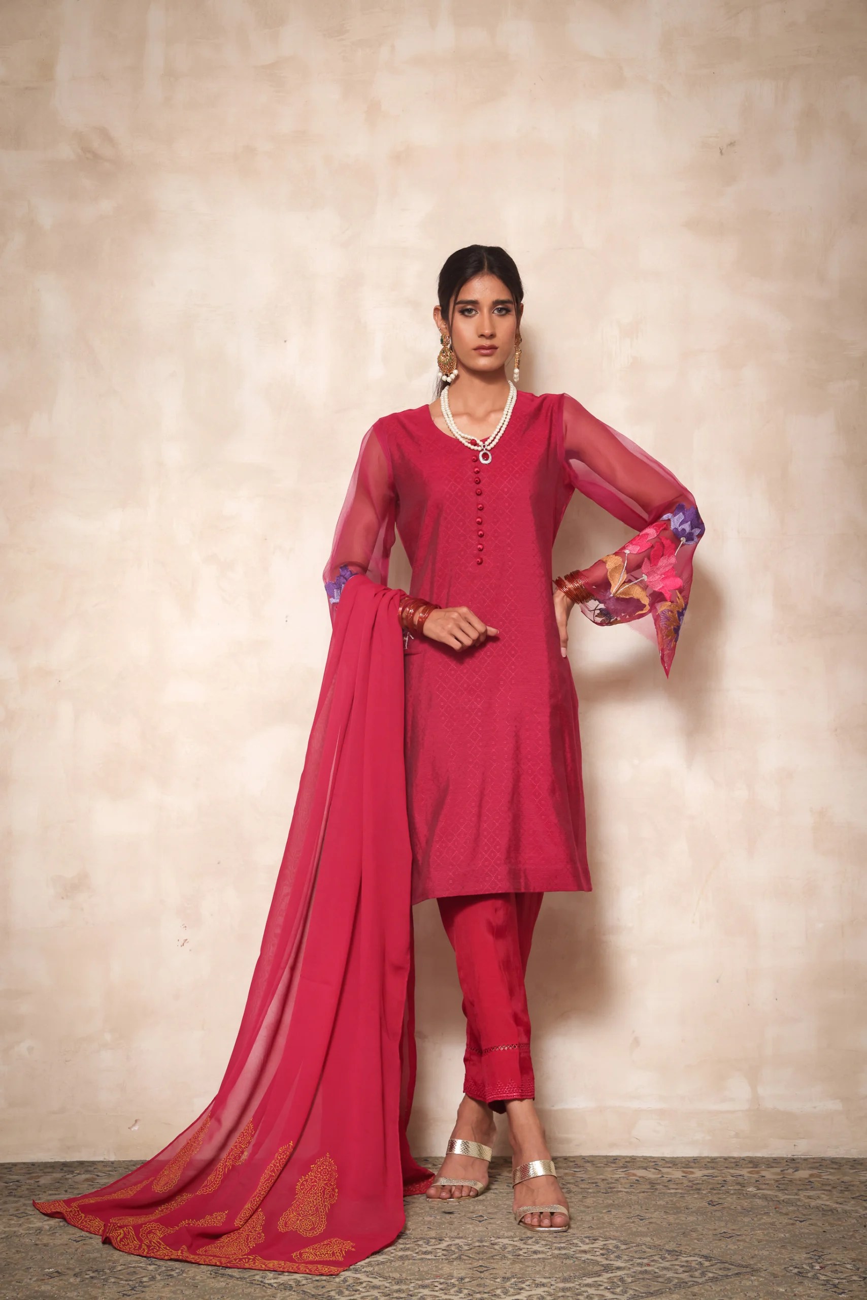 Pakistani Hot Pink Embroidered Jacquard Cotton 3-Piece Dress - Image 2