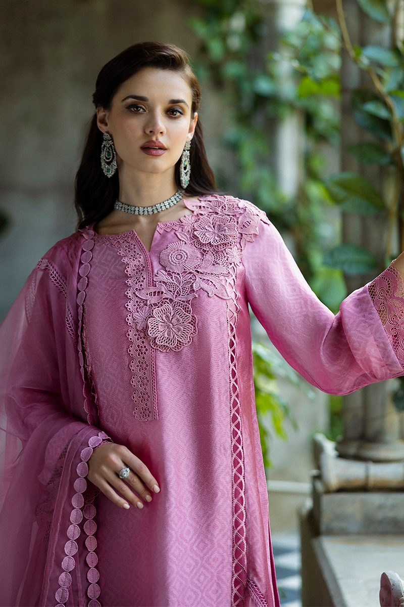 Pakistani Pink Jacquard Salwar Kameez with Organza Dupatta (3-Piece) - Image 2