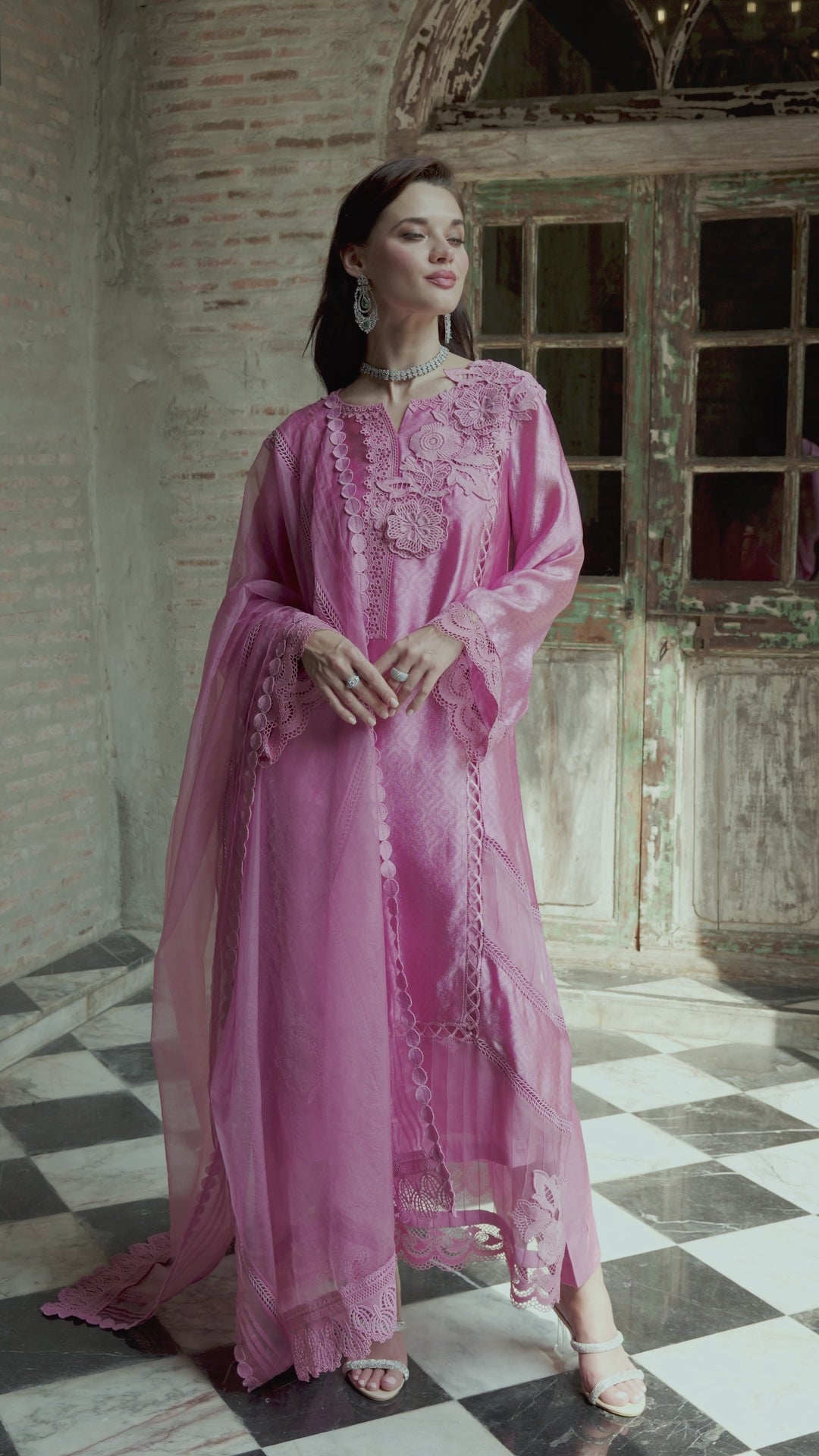 Pakistani Pink Jacquard Salwar Kameez with Organza Dupatta (3-Piece) - Image 21