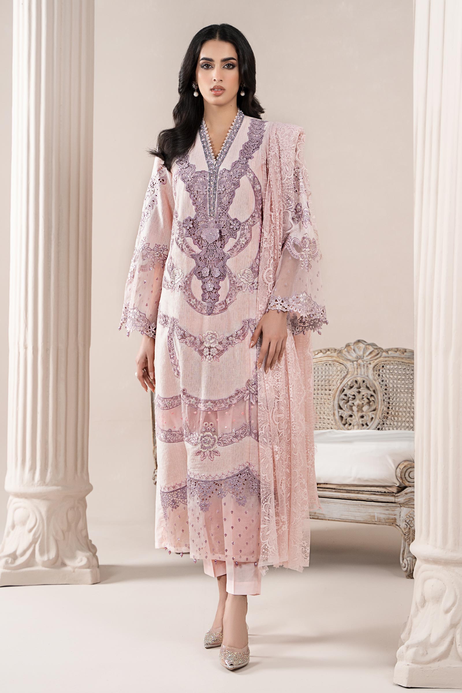 Powder Pink Embroidered Jacquard Lawn Salwar Kameez (3-Piece) - Image 1