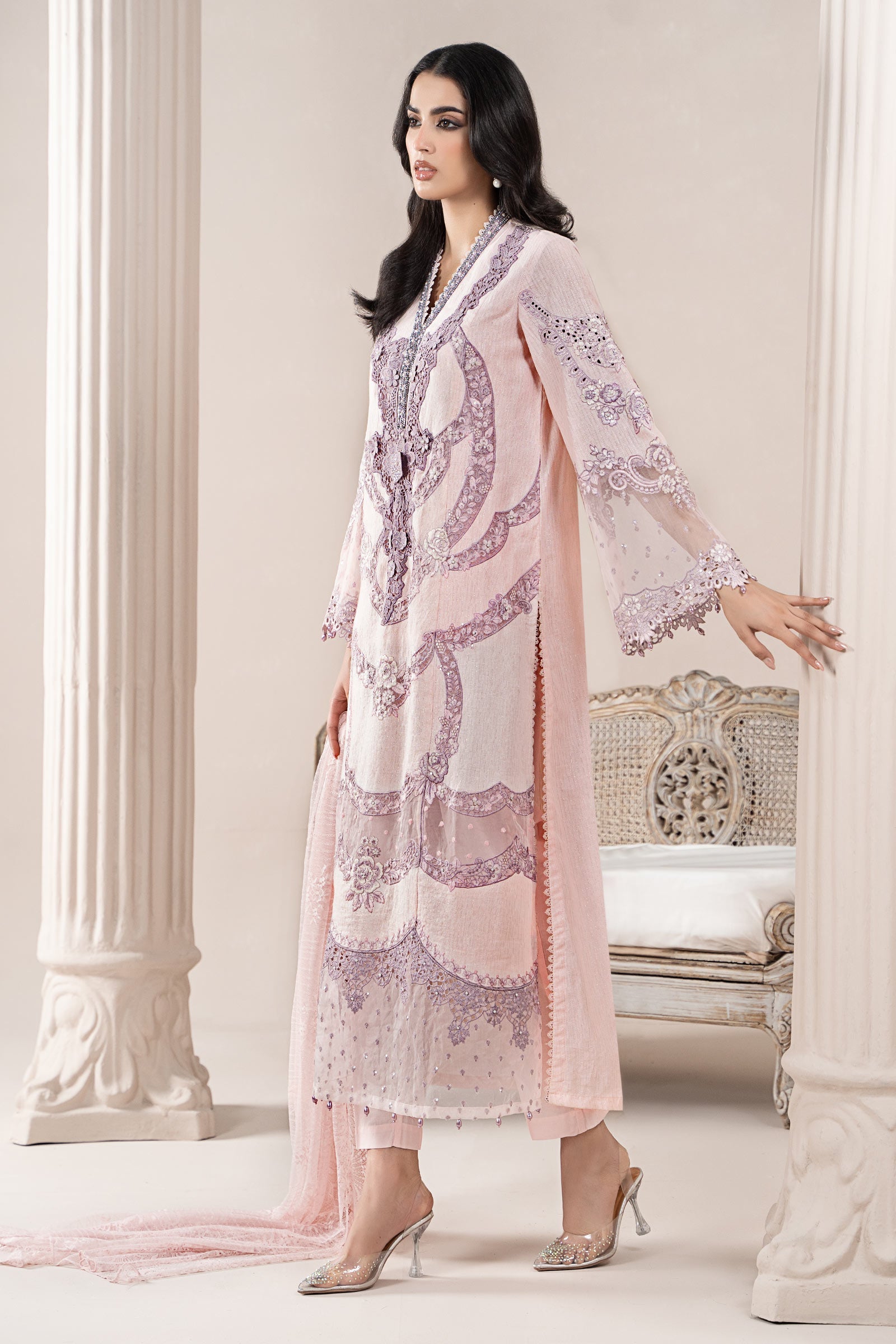 Powder Pink Embroidered Jacquard Lawn Salwar Kameez (3-Piece) - Image 3