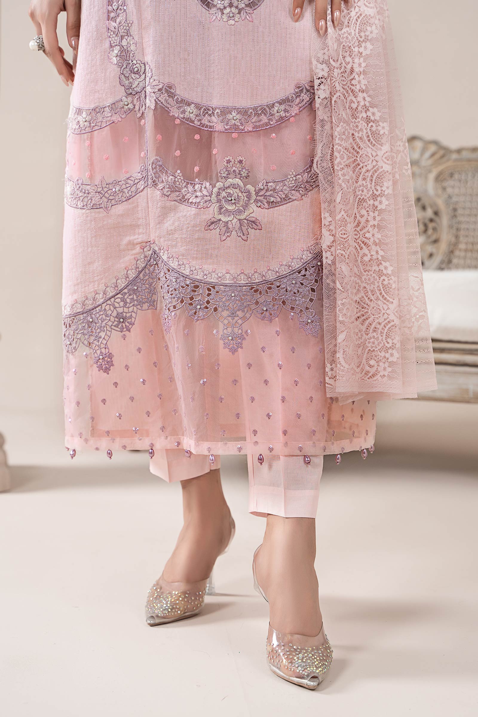 Powder Pink Embroidered Jacquard Lawn Salwar Kameez (3-Piece) - Image 5