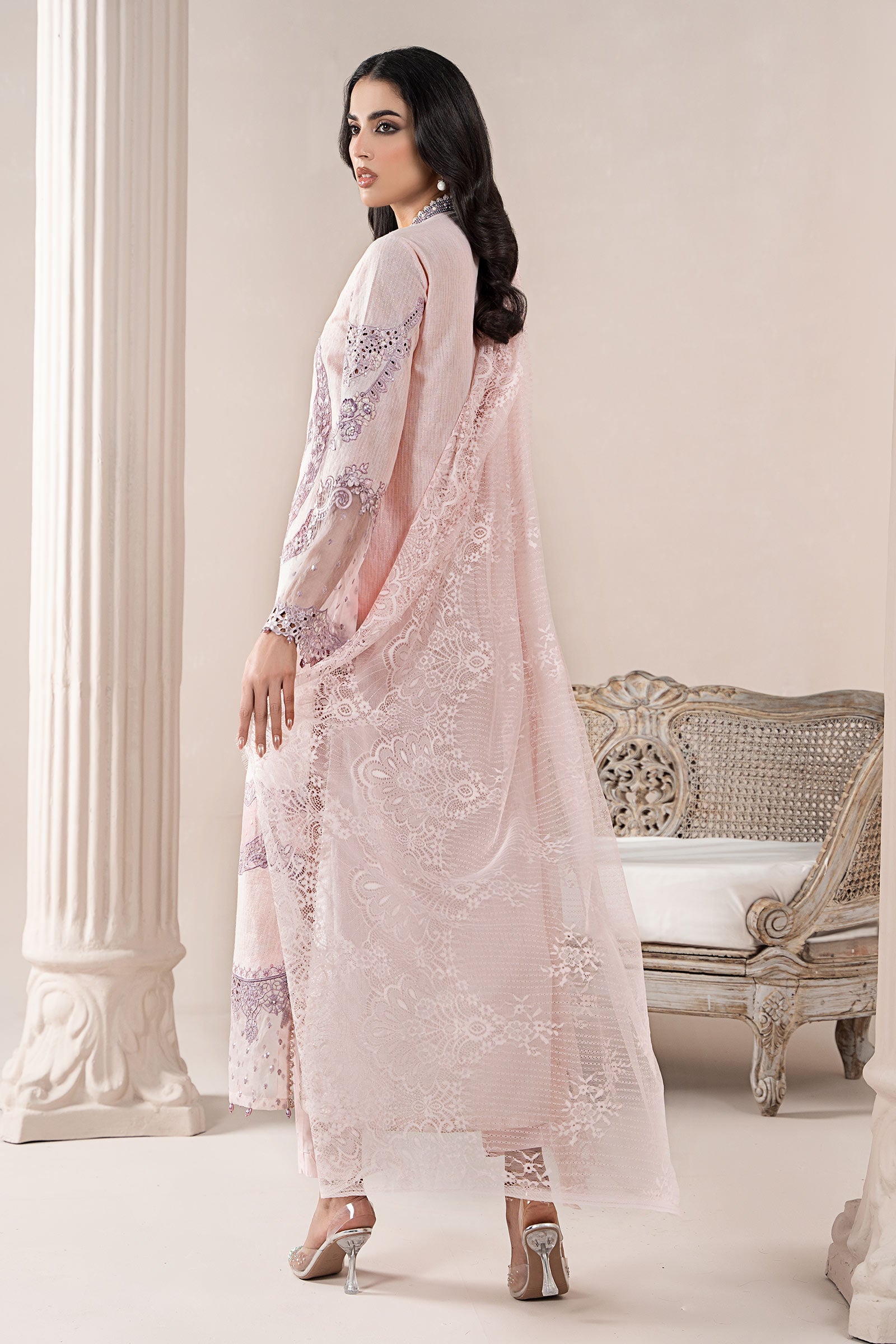 Powder Pink Embroidered Jacquard Lawn Salwar Kameez (3-Piece) - Image 7