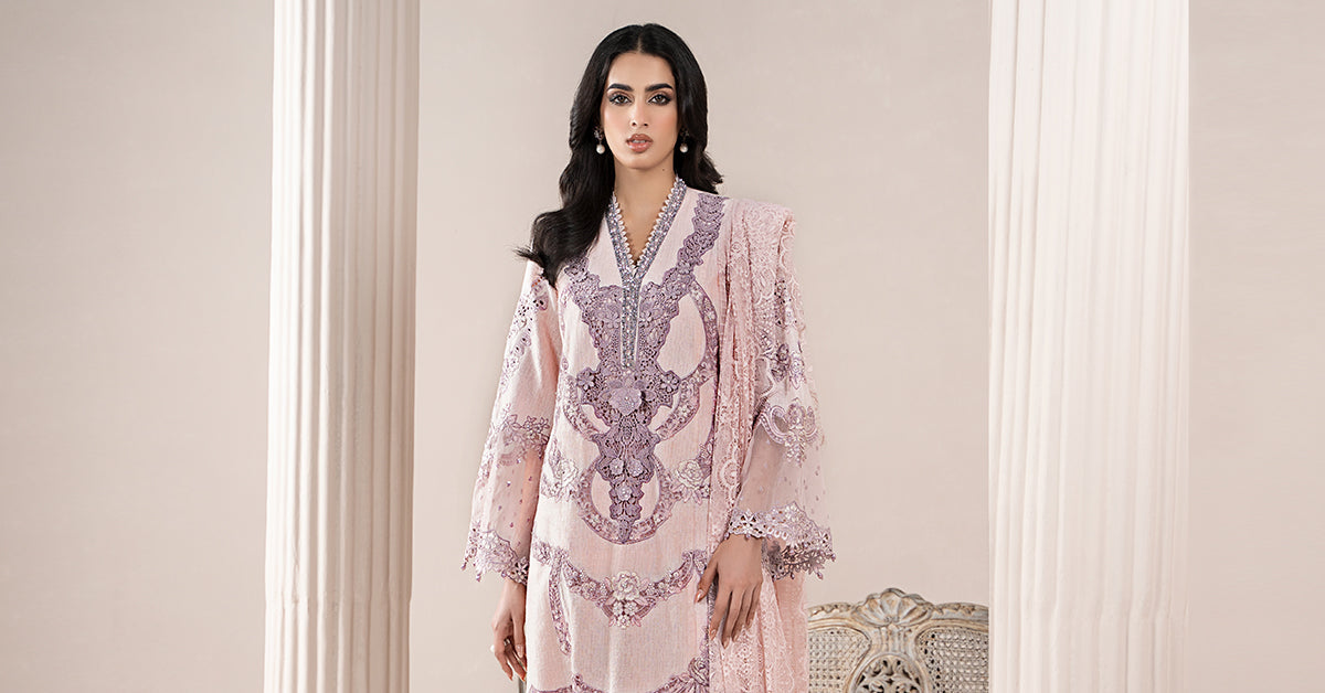 Powder Pink Embroidered Jacquard Lawn Salwar Kameez (3-Piece) - Image 8