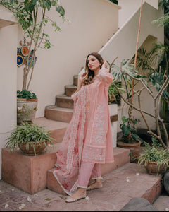 Pakistani Peach Pink Embroidered Jacquard Lawn Salwar Kameez (3-Piece) - Image 1