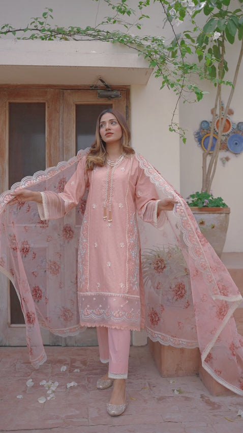 Pakistani Peach Pink Embroidered Jacquard Lawn Salwar Kameez (3-Piece) - Image 3