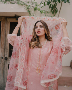 Pakistani Peach Pink Embroidered Jacquard Lawn Salwar Kameez (3-Piece) - Image 6