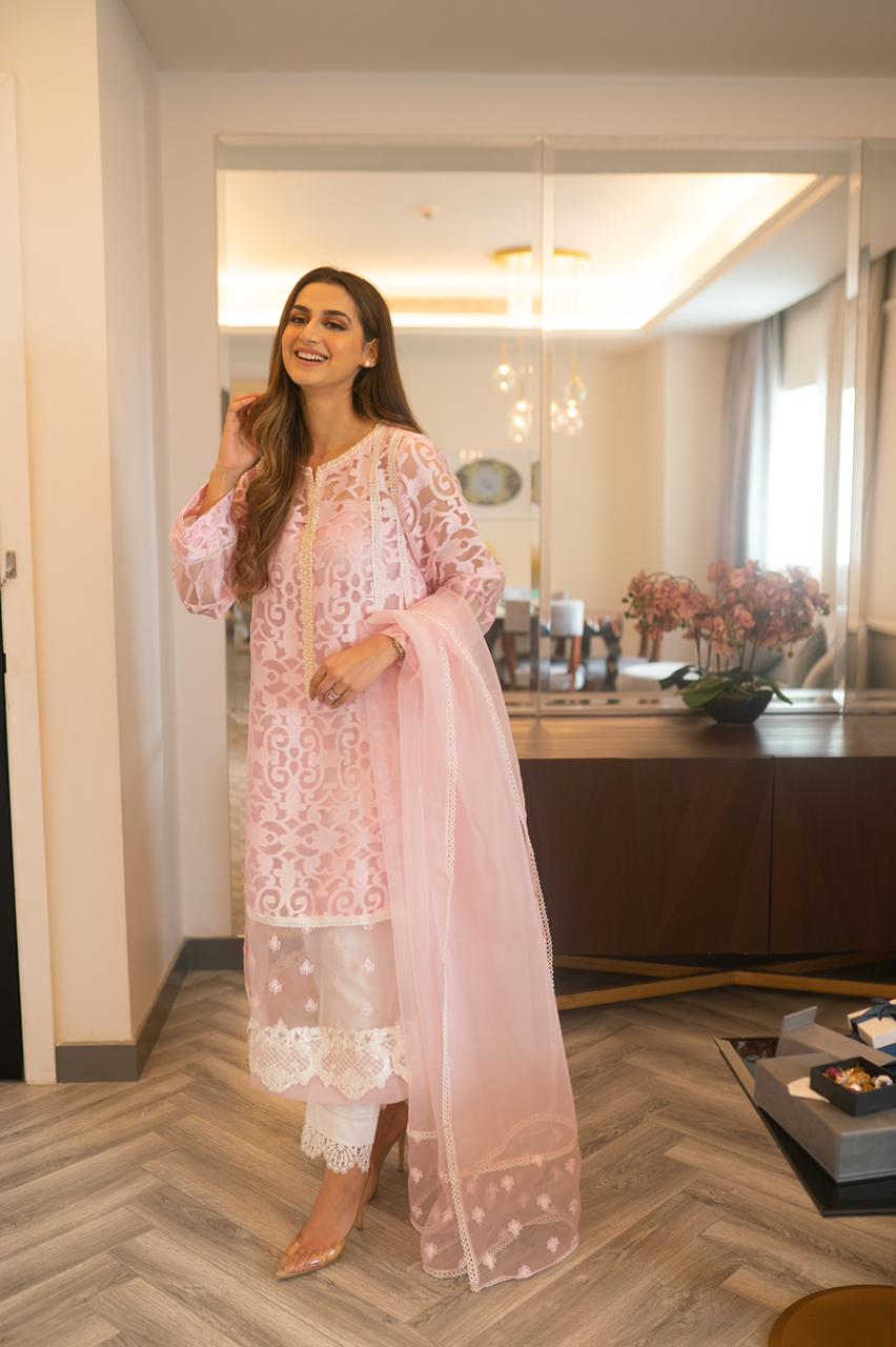 Pakistani Pink Jacquard Organza Salwar Kameez (4-Piece) - Image 5