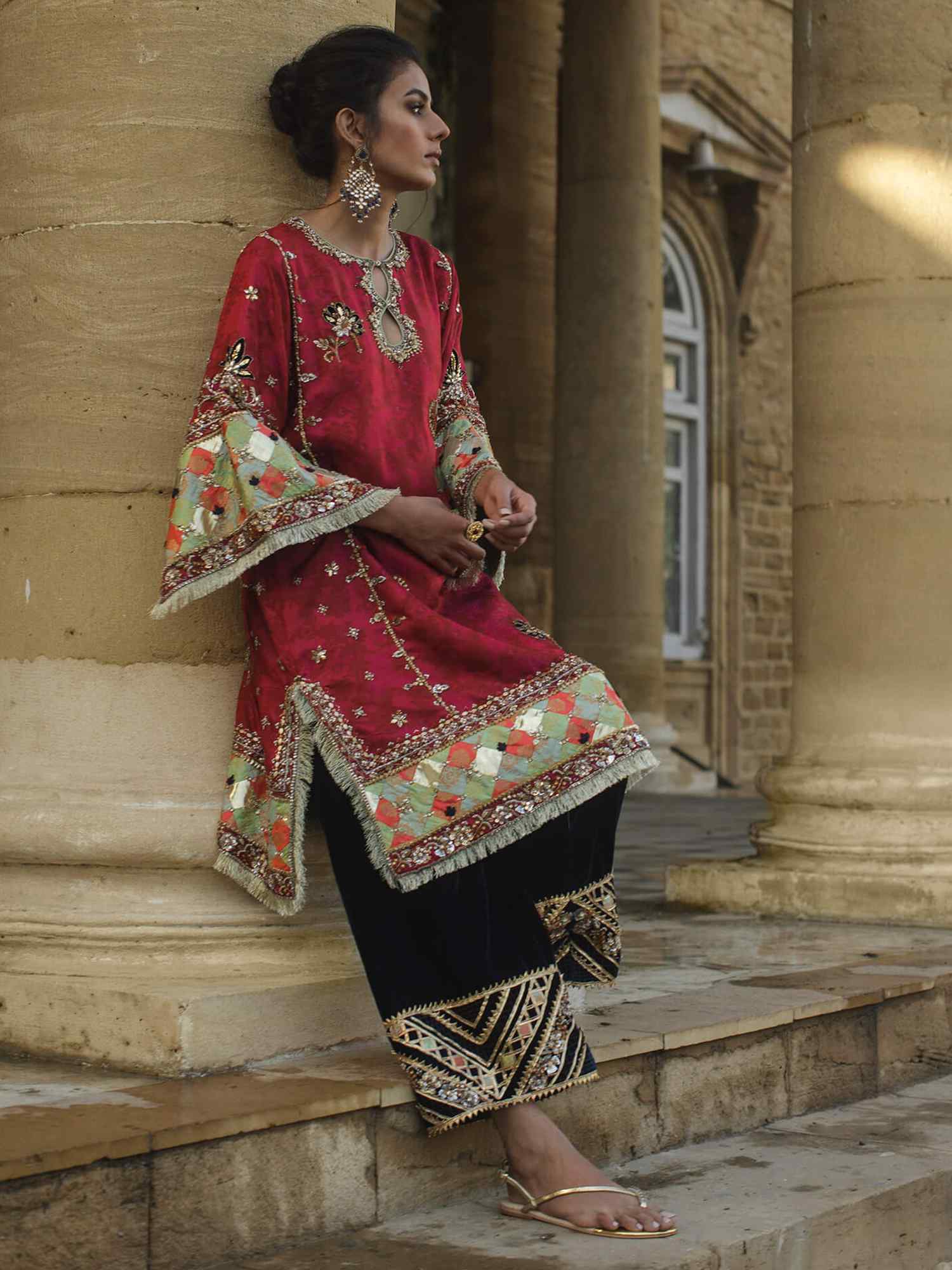 Pakistani Rani Pink Embroidered Jamavar Kurti & Velvet Izaar (2-Piece) - Image 1