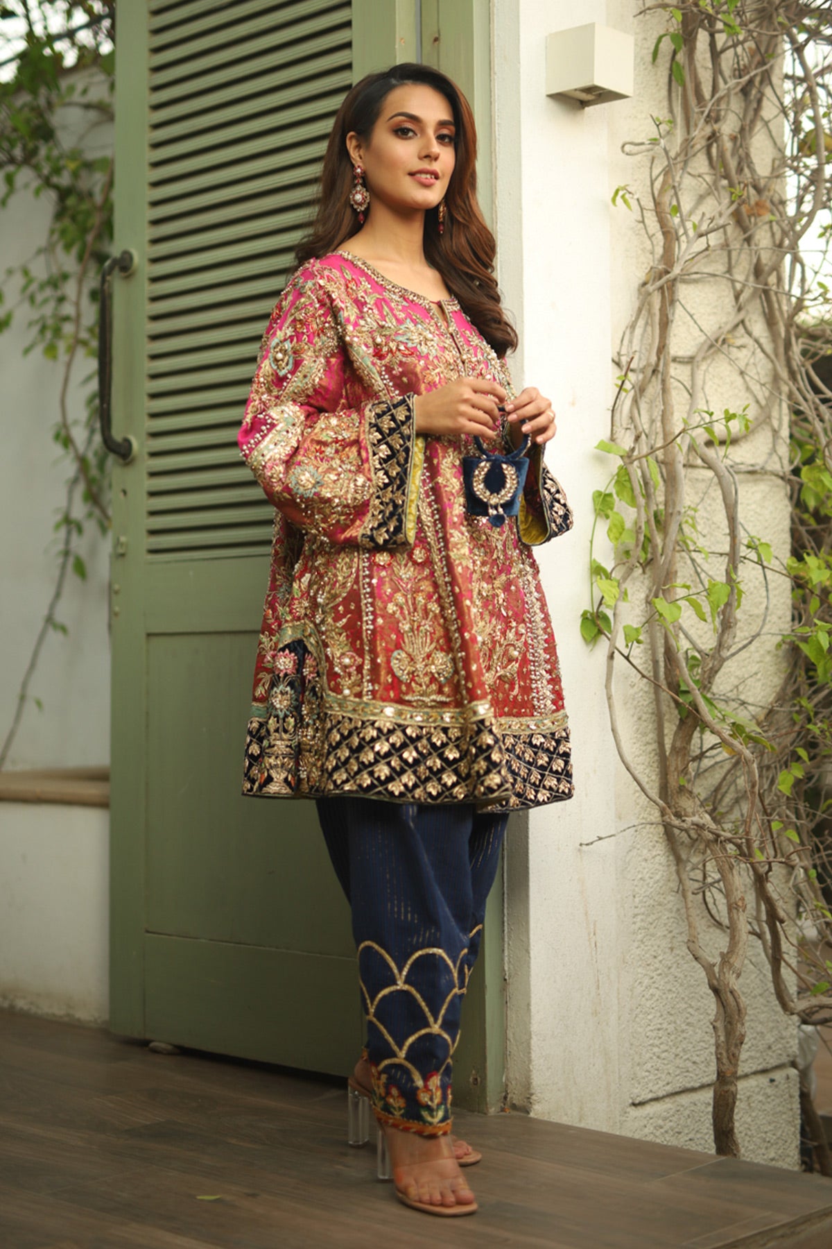 Fuchsia Pink Embroidered Jamawar Salwar Kameez (2-Piece) - Image 1