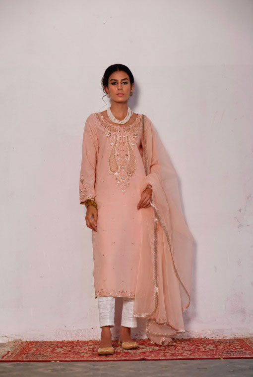 Pakistani Blush Pink Embroidered Summer Karandi Salwar Kameez (3-Piece) - Image 1