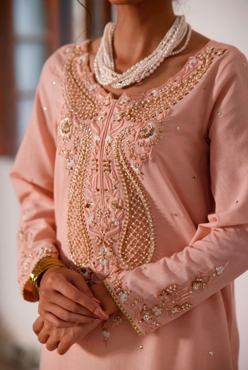 Pakistani Blush Pink Embroidered Summer Karandi Salwar Kameez (3-Piece) - Image 3