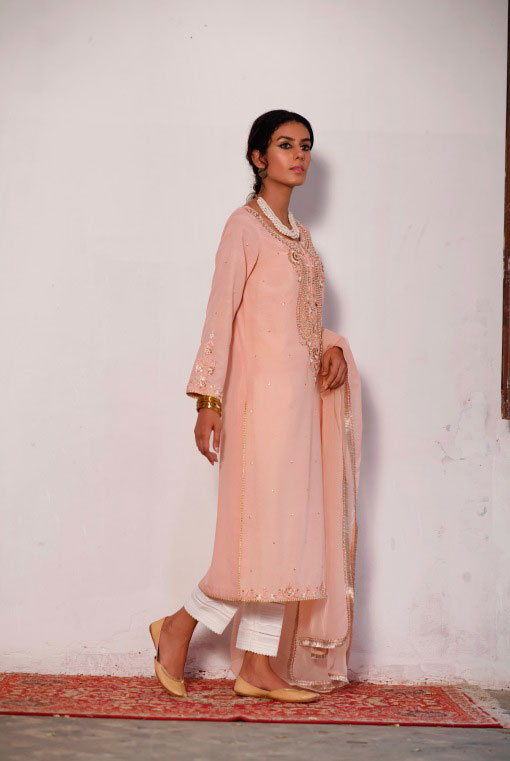 Pakistani Blush Pink Embroidered Summer Karandi Salwar Kameez (3-Piece) - Image 4