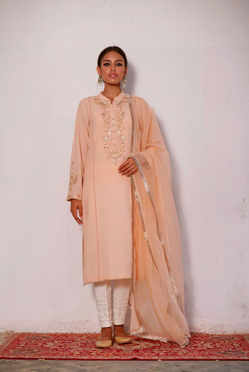 Peach Embroidered Summer Karandi Salwar Kameez (3-Piece) - Image 1