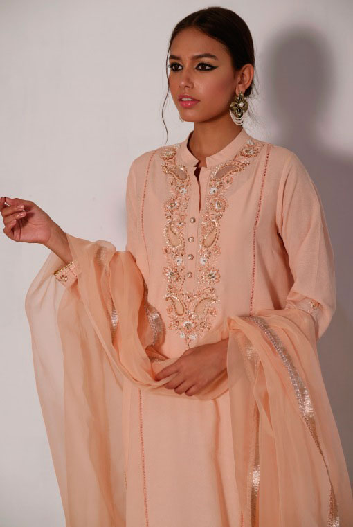 Peach Embroidered Summer Karandi Salwar Kameez (3-Piece) - Image 2
