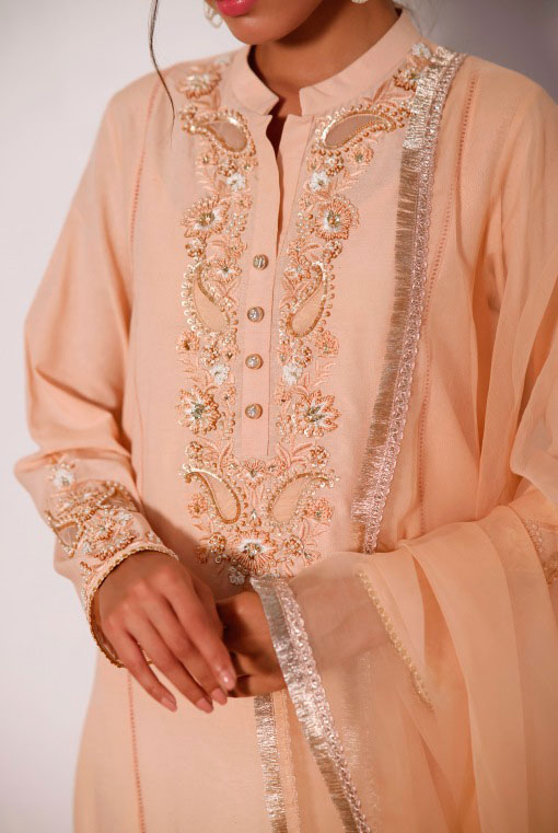 Peach Embroidered Summer Karandi Salwar Kameez (3-Piece) - Image 3