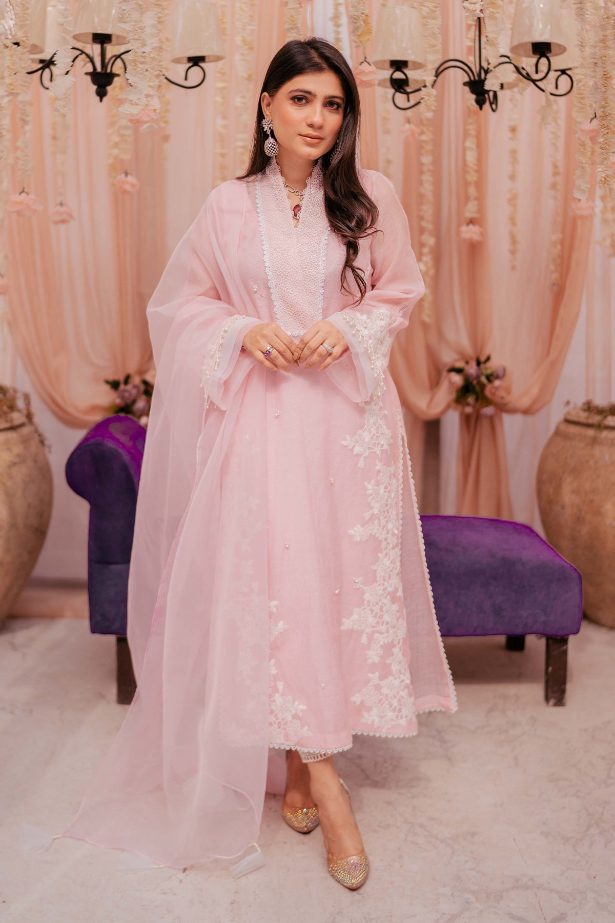 Rosy Pink Embroidered Khaadi Net Salwar Kameez (3-Piece) - Image 1