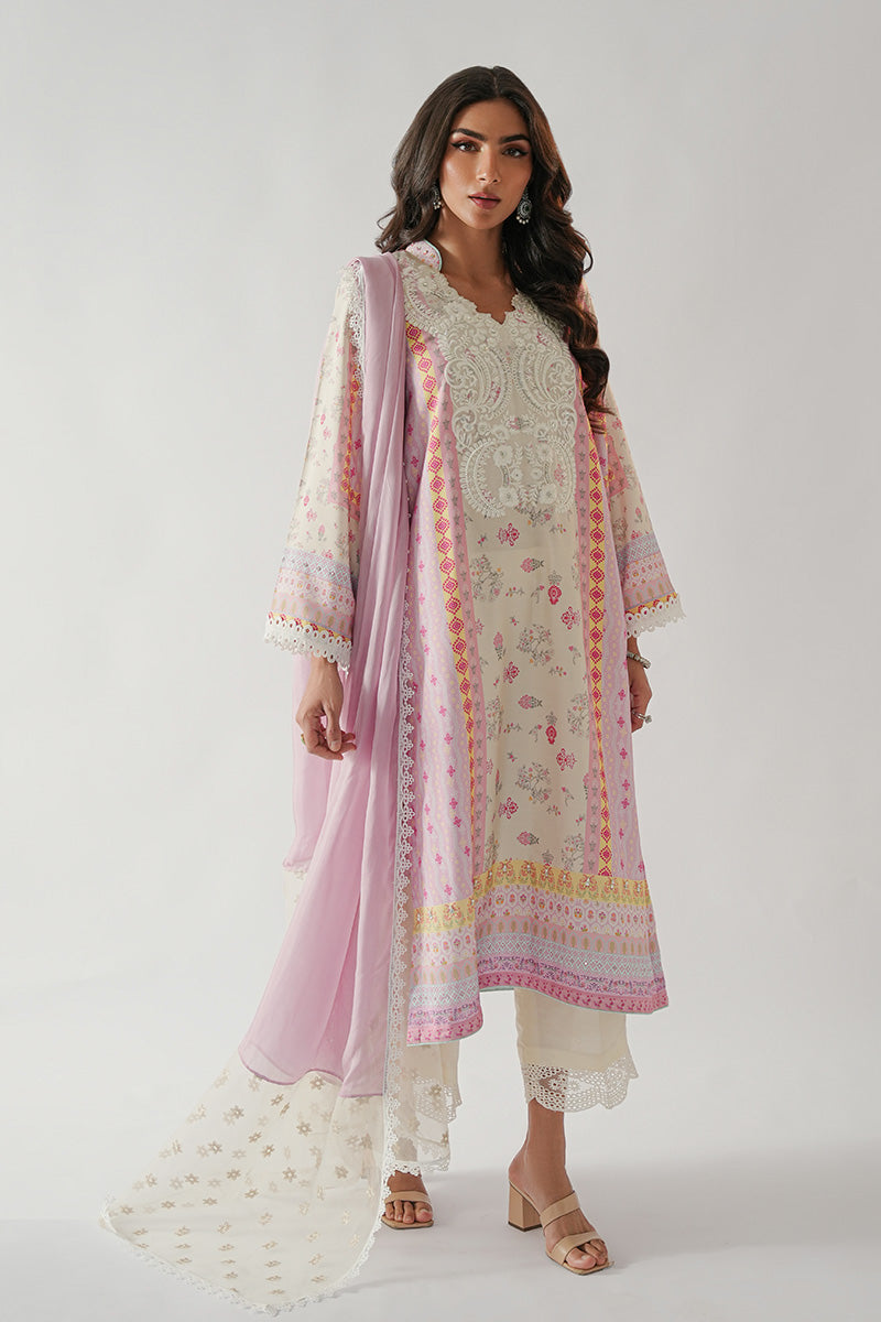Pakistani Pastel Pink & Ivory Embroidered Khaadi Silk Kurta (3-Piece) - Image 1