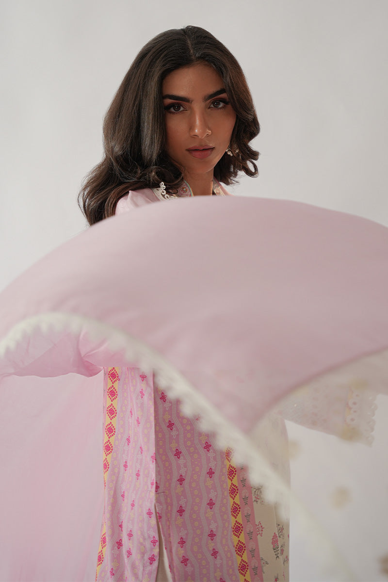 Pakistani Pastel Pink & Ivory Embroidered Khaadi Silk Kurta (3-Piece) - Image 4