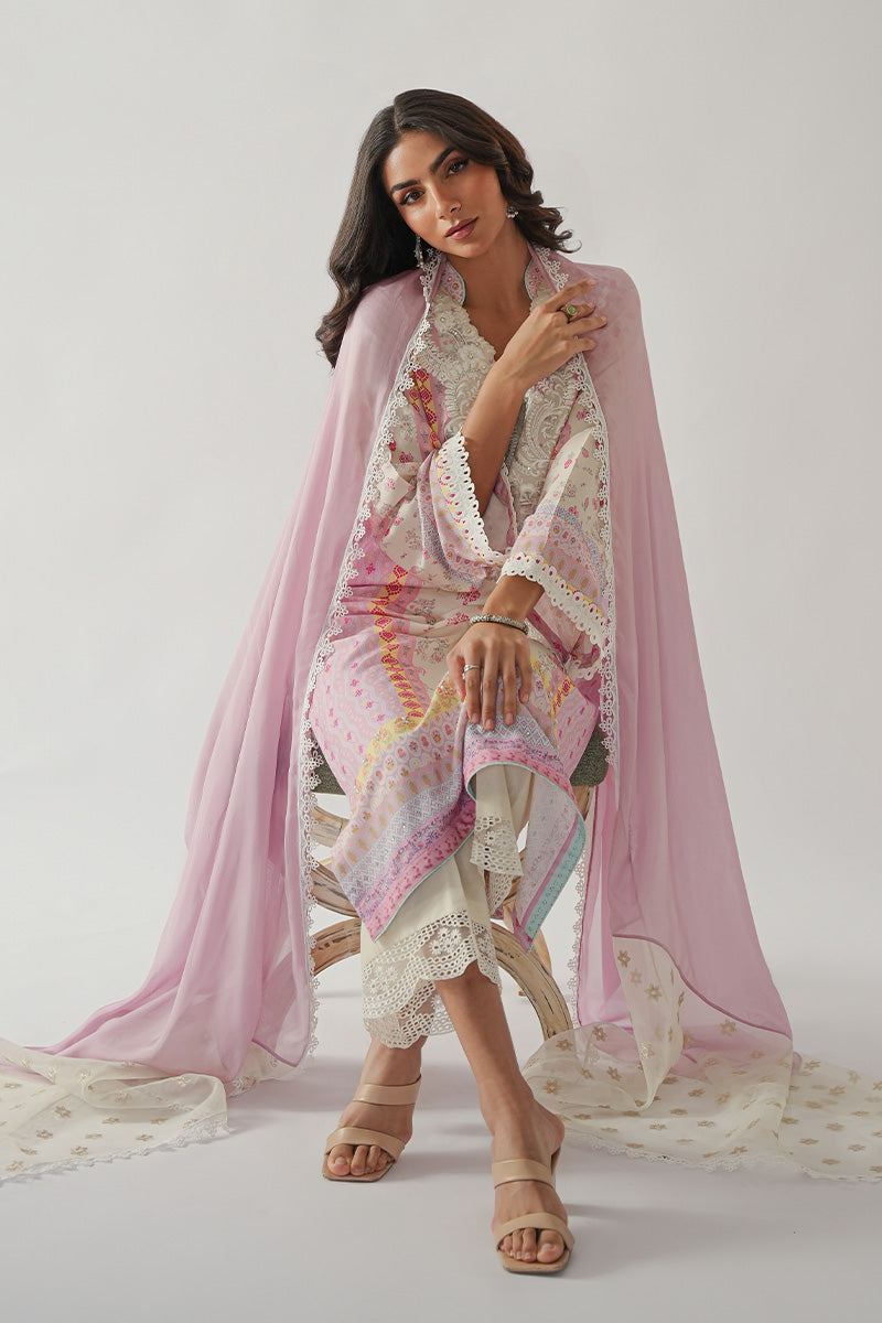 Pakistani Pastel Pink & Ivory Embroidered Khaadi Silk Kurta (3-Piece) - Image 5
